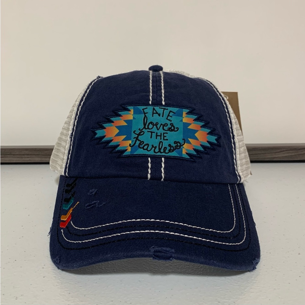 Catchfly "Fate Loves the Fearless" Distressed Ponytail Baseball Hat/Cap-OS NWT